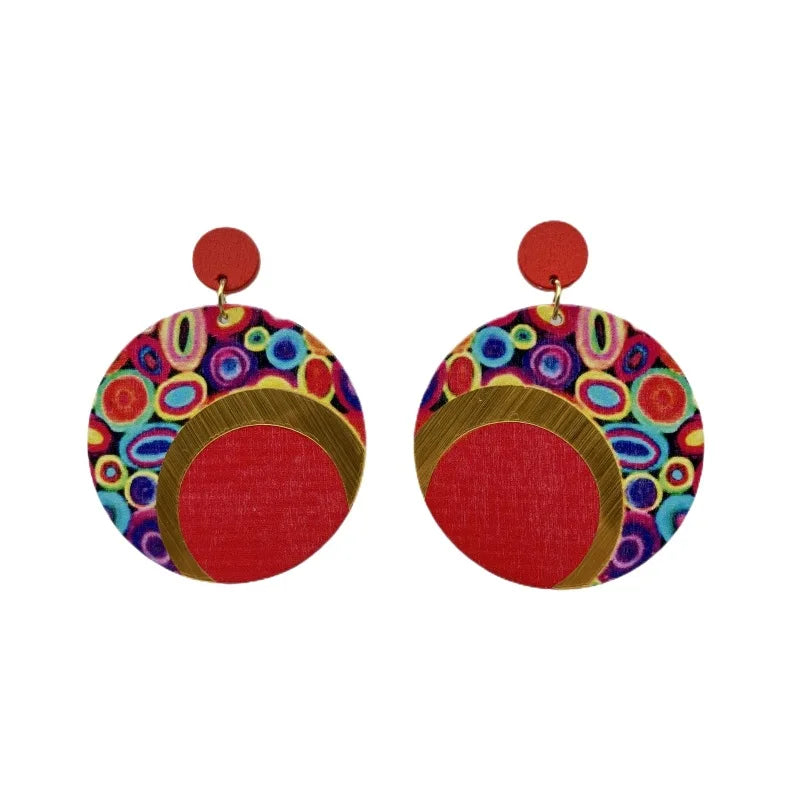 Fashion Exaggerated Round Earrings Printed Colorful Wooden Earrings for Women Ethnic Statement Jewelry Party Wedding Gift